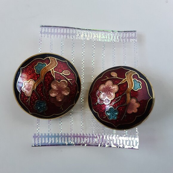 Vintage Floral Enamel Cloisonné Clip On Gold Tone Earrings - Picture 1 of 9